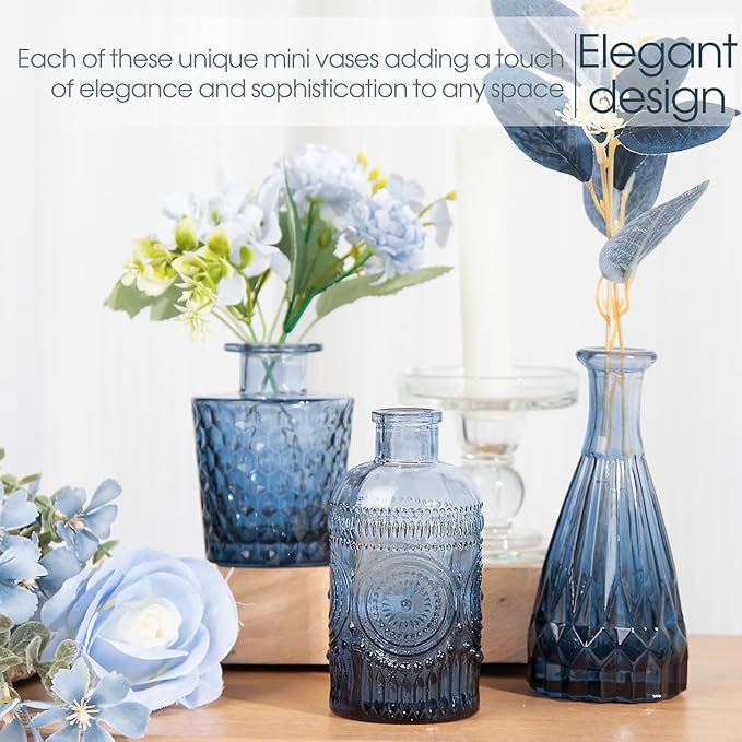 12Pcs Blue Glass Bud Vases Set, Small Vases for Flowers, Perfect for Centerpieces at Parties, Baby Showers, Weddings, Events, Graduation Season, Great Gifts for Office & Home Décor