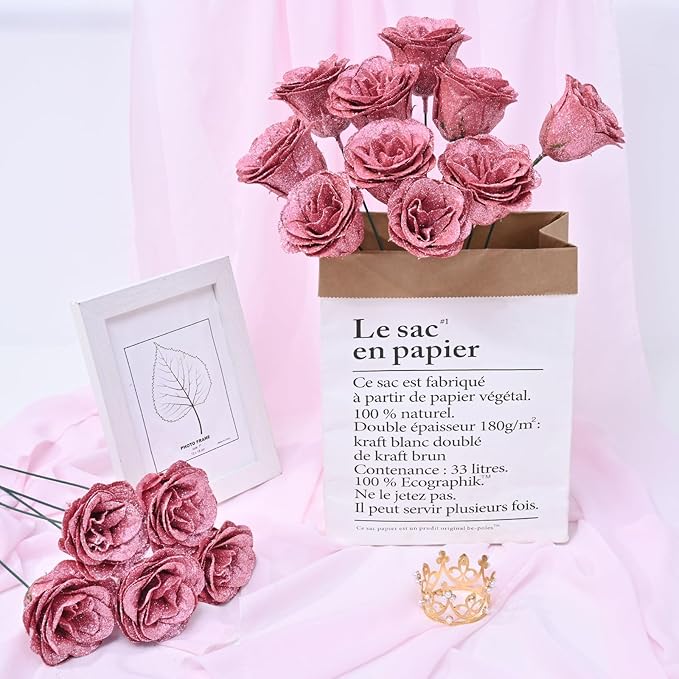 Waipfaru Glitter Roses Bouquet, DIY Fake Flowers Bouquet, Birthday Gifts for Women Mom, 36 Pcs Rose Gold Rose for Wife Girlfriend Valentines, Mothers Day, Anniversary, Graduation
