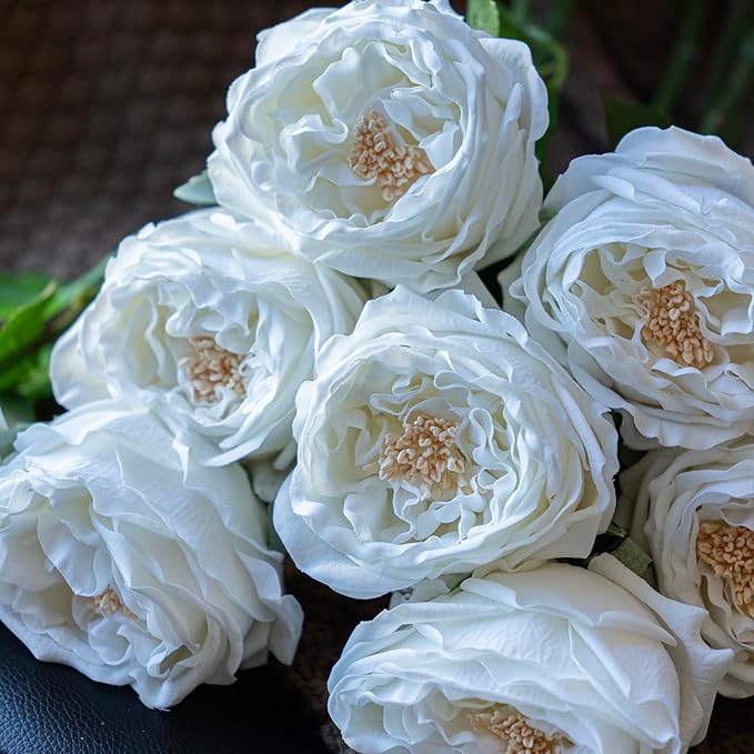 DUYONE White 4pcs Fake Flowers for Decoration Home Decor Real Touch Artificial Flowers Austin Rose Peony Latex Fake Flower Living Room Decoration Vivid Pink Roses Peonies(White 4pcs)