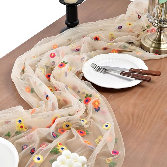 Joanlody Champagne Embroidery Daisy Christmas Table Runner 10ft Florals Seasonal Tulle Table Runner Holiday Kitchen Dining Table Decoration for Home Party Indoor
