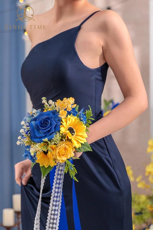 TINGE TIME Bridesmaid Bouquets for Wedding Set of 4 Sunflower & Royal Blue 7 Inch Wedding Bouquets Artificial Silk Flowers Bridal Bouquets for Bridesmaids, Wedding Decor, Anniversary