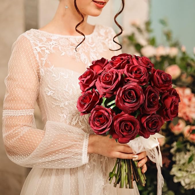 Tifuly Red Roses Artificial Flowers - 12 pcs Realistic Long Stem Fake Roses Faux Silk Flowers for DIY Bouquets Wedding Centerpieces Arrangements Home Party Decor（Burgundy）