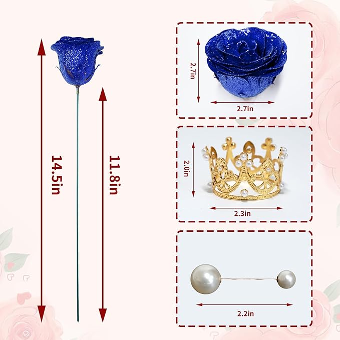 Glitter Roses Bouquet, Shiny Artificial Roses Flowers with Stems DIY Fake Glitter Flowers Bouquet for Valentine's Day, Mother's Day, Anniversary, Graduation, Birthday, Wedding, 24 Roses (Blue)