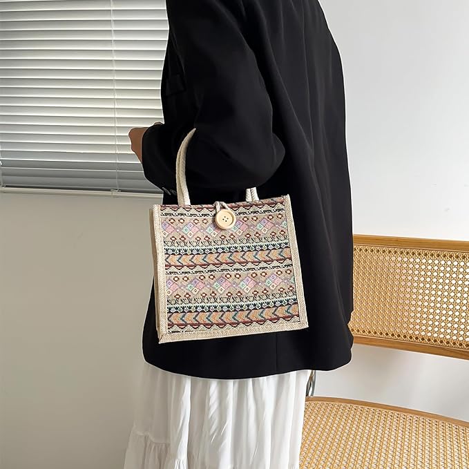 Women Tote Bag,2Pcs Jute Casual Tote's Handbag Embroidered Personalized Bento Bag,Reusable Grocery Bags Shopping Bags