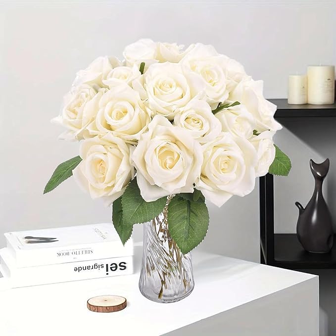20PCS Artificial Roses with Long Stems - Realistic Silk Flowers, Fake Roses Real Touch Bouquet of Roses for Home Decor, Bridal Wedding Party Table Centerpieces, Bulk Faux Rose Flowers (White)