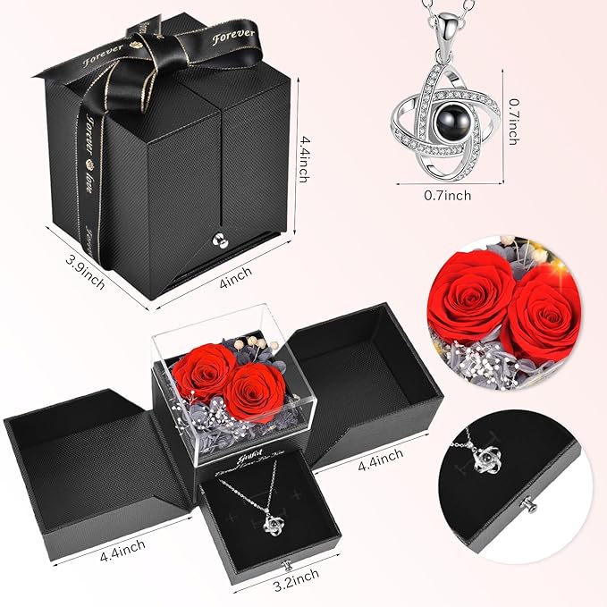 2 Preserved Rose Gift for Women - Eternal Rose with I Love You Necklace - Romantic Birthday Gifts for Girlfriend Mom Her Wife Grandma on Valentines Mothers Day Anniversary Christmas-Red