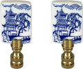 Royal Designs, Inc. Porcelain Chinese Garden Design Finial for Lamp Shade, Polished Brass, Blue & White, Pack of 2