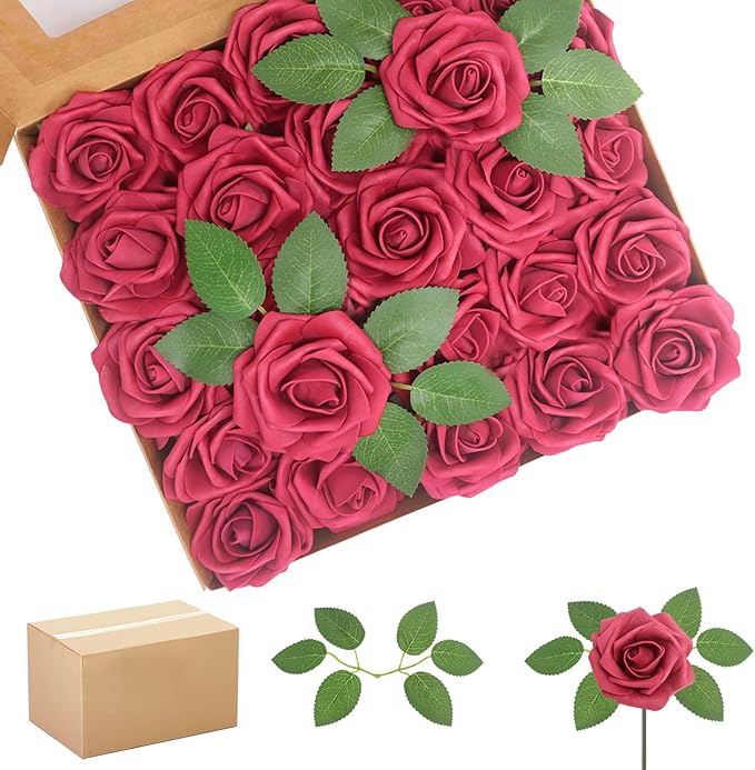 200PCS Artificial Flowers Burgundy Roses Real Looking Foam Fake Roses with Leaves and for DIY Wedding Bouquets Bridal Shower Centerpieces Party Decorations (Burgundy, 200)