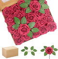 200PCS Artificial Flowers Burgundy Roses Real Looking Foam Fake Roses with Leaves and for DIY Wedding Bouquets Bridal Shower Centerpieces Party Decorations (Burgundy, 200)