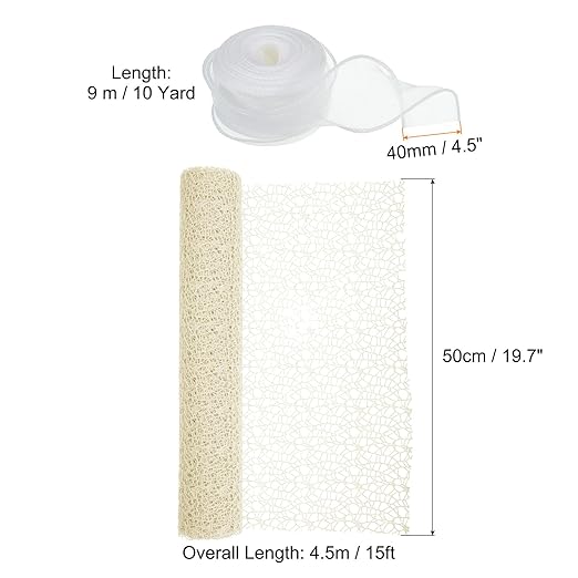 PATIKIL Flower Wrapping Mesh Paper, 15ft Floral Bouquet Craft Packaging Hollow Net Yarn with Ribbon for Flowers Gift Packaging, Cream White