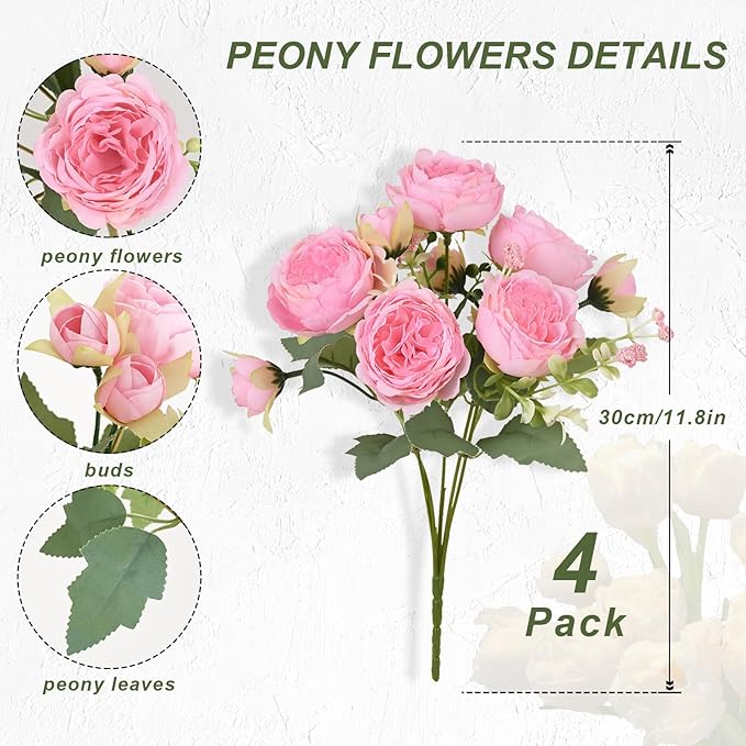MARTINE MALL 4 Packs Peonies Artificial Flowers, Light Pink Artificial Peonies, Silk Peonies Flowers Fake Peonies Artificial Flowers Peonies Bouquet for Centerpiece Table Wedding Party Home Decor
