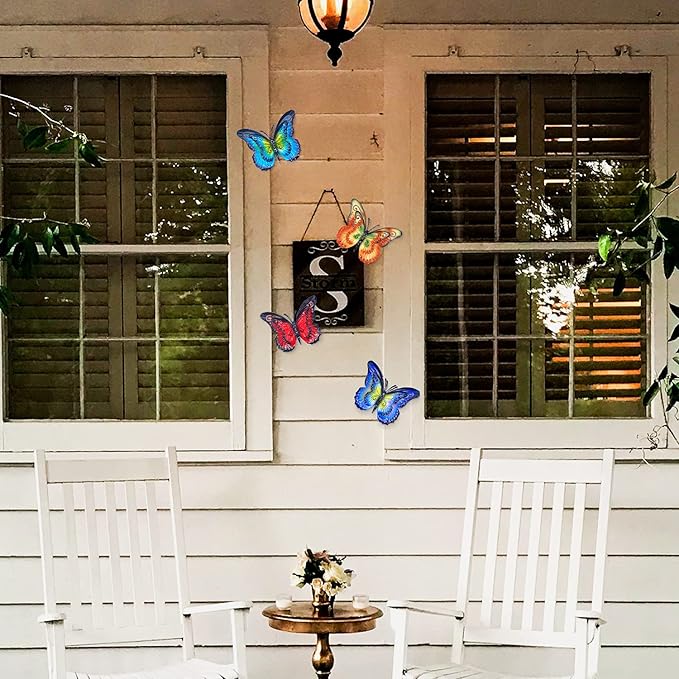 Metal Butterfly Outdoor Wall Decor- 6.5'' 3D Metal Colorful Hanging Double Wings Butterflies for Garden Yard Decoration Outdoor or Indoor Decor, Gifts for Mom Dad Friends (4 Pack)