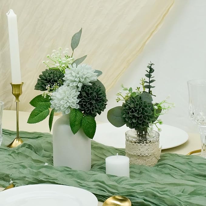 Artificial Flowers, 25pcs Realistic Artificial Rose for DIY Wedding Bouquets Centerpieces Arrangements, Sage Green and White Dahlia Flowers with Stem for Birthday Party