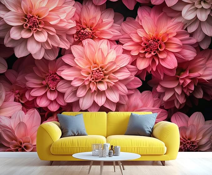 Pink Dahlia Floral Wall Mural, Blush Pink Dahlia 3D Wall Murals, Romantic Floral Wallpaper Mural, for Living Room Bedroom Large Wallpaper Indoor Decor 118" W x 82.6 "H