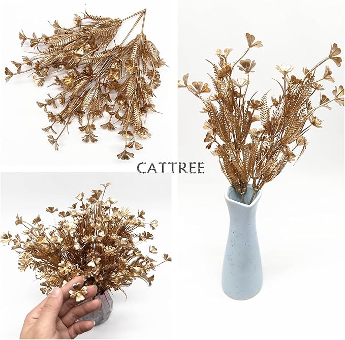 Artificial Golden Plants Decor, Fake Glitter Clover Stem Plastic Flowers Faux Simulation Good Luck Grass Stems Twigs for Wedding Picks Decoration DIY Wreath Crafts Christmas Tree Filler - Gold 10 Pcs