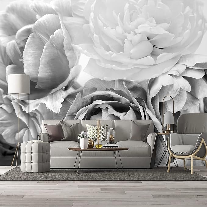 Grey Peony Floral Wallpaper Bedroom Black and White Flowers murals Aesthetic Room Decor Living Room tv Background Large Wall Mural - 183"x120" Not Peel and Stick