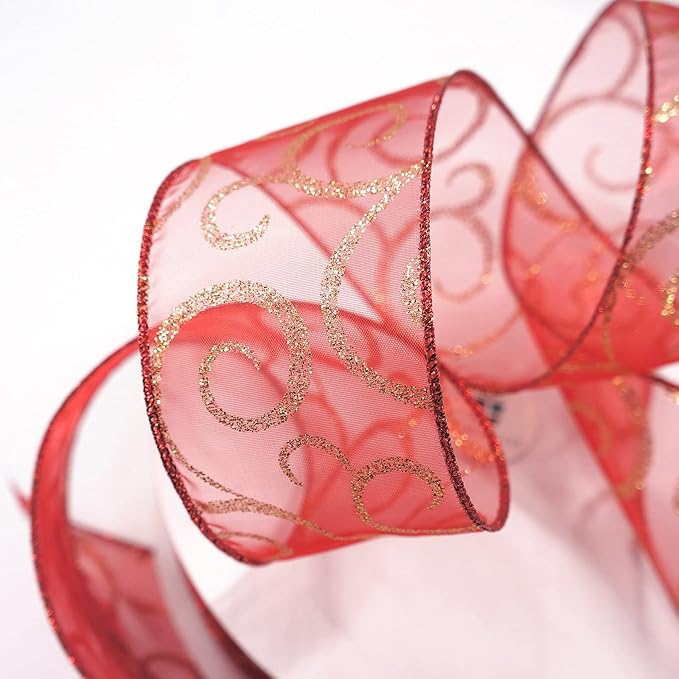 CT CRAFT LLC Organza with Red Glitter Swirls Wired Ribbon 2.5 inch x 50 Yards for Christmas Home Decor Tree Topper Bow Gift Wrapping DIY Crafts Wreath Garland Wedding