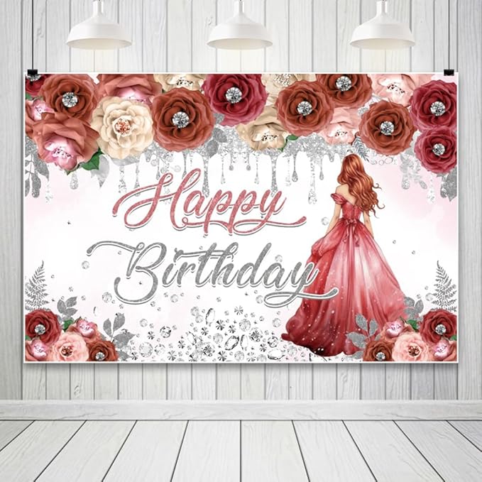 AOFOTO Happy Birthday Backdrop Red Beige Pink Rose Floral Diamond Print Photography Background for Women Girls Birthday Party Banner Home Wall Decor Photo Studio Booth Props 10x8ft