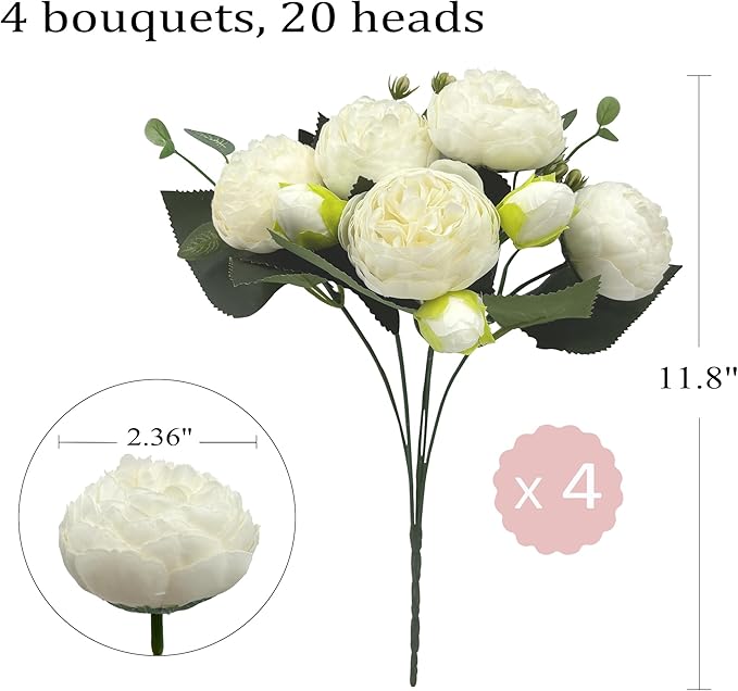 Artificial Peony Flowers, 4Pcs Silk Peonies Fake Peony Bouquets for Home Wedding Office Party Decor (White)