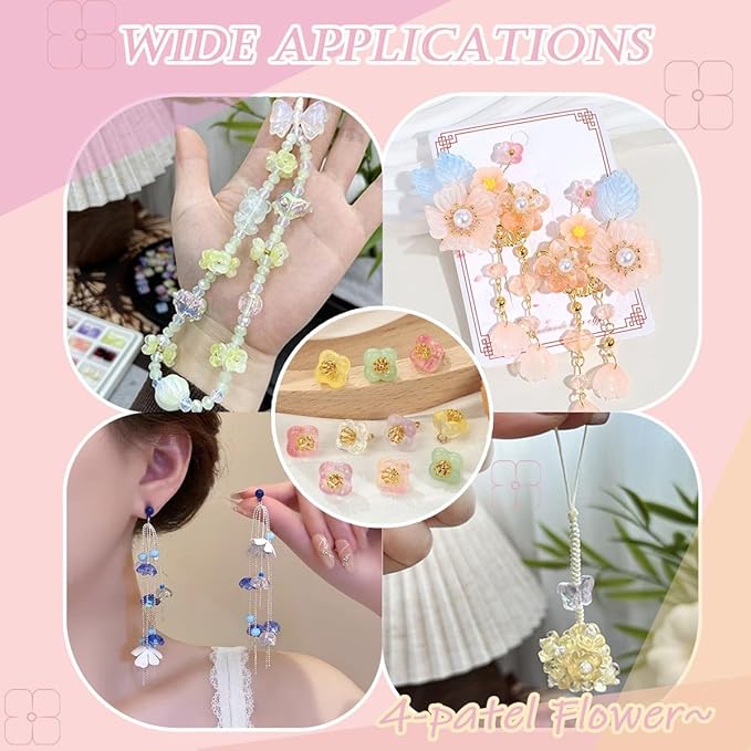 100PCS Glass Flower Beads for Jewelry Making 4 Petal Flower Bead Caps Gradient Cute Floral Beads Aesthetic Charms for Necklace Bracelets Earrings DIY Craft Home Decoration-Yellow