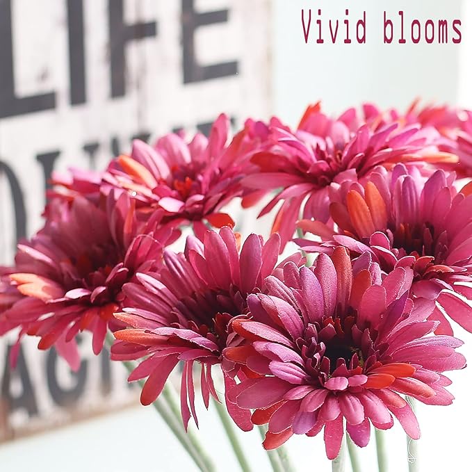 12pcs Artificial Gerbera Daisies,22 Inch Long Stem Silk Daisy Flowers,Realistic Artificial Flower Mums for Home Décor Centerpiece Wreath Supplies Wedding Bouquet,Light Wine