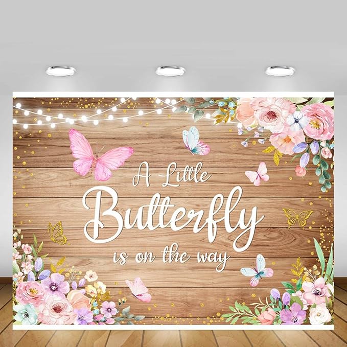 7x5ft Butterfly Baby Shower Backdrop A Little Butterfly is on The Way Photography Background Rustic Wooden Pink Floral Flowers Princess Girl Newborn Party Banner Decoration
