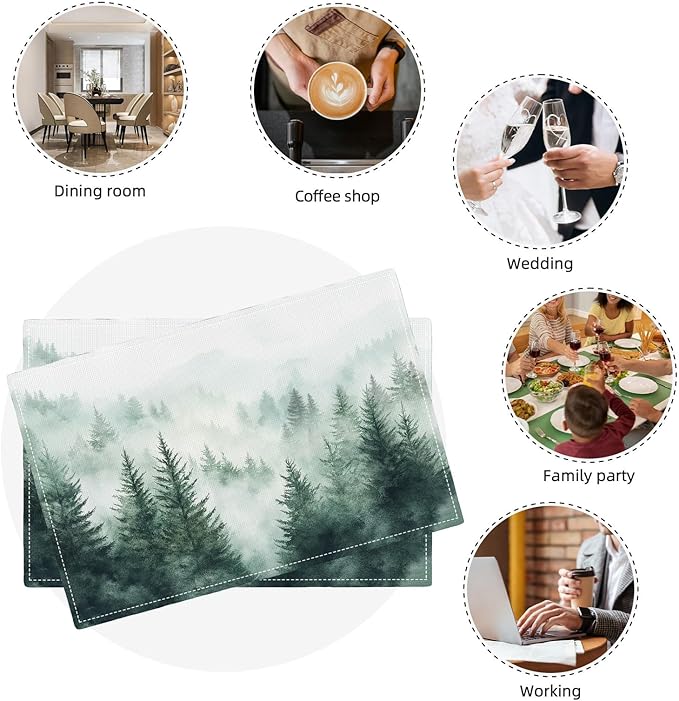 Misty Forest Placemats Set of 6, Green Tree Landscape Place Mats, Rustic Mountain Dining Table Mats, Washable Placemats for Kitchen Dining Room 18L'' × 12W''