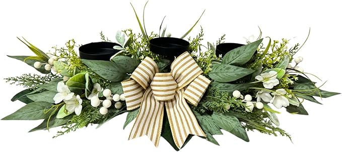 Candle Holder Centerpiece for Table,3 Wick Candle Holder with Artificial Gypsophila Flower,Artificial Eucalyptus Leaves Magnolia Holly Berries and Striped Bow for Table Centerpiece Decor,Dining Room