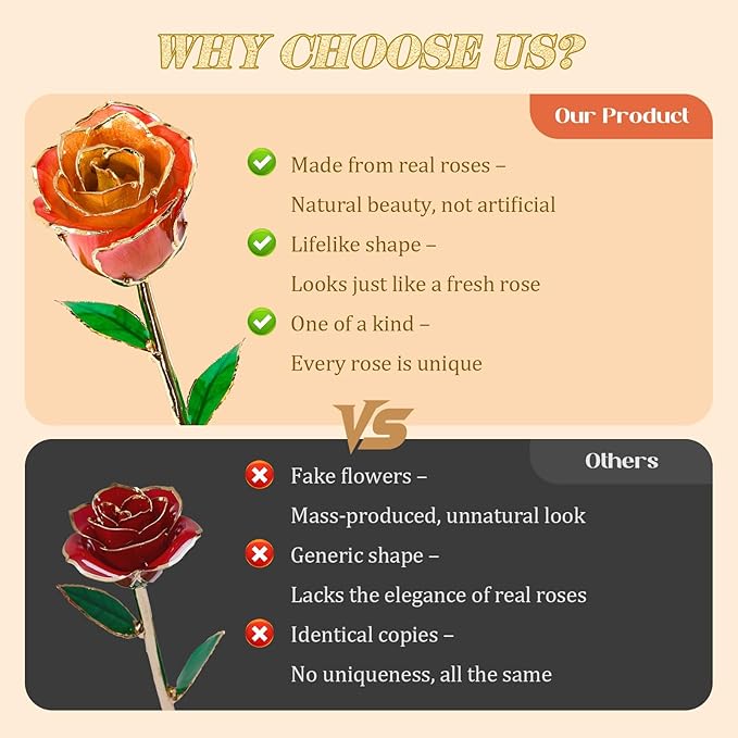 Mikasol Real 24K Gold Dipped Realistic Rose – Timeless Lifelike Bloom with Heart Puzzle Base – Romantic Gradient Orange Flower Gift for Her, Wife, Girlfriend, Mom – Birthday, Anniversary, Mother’s Day