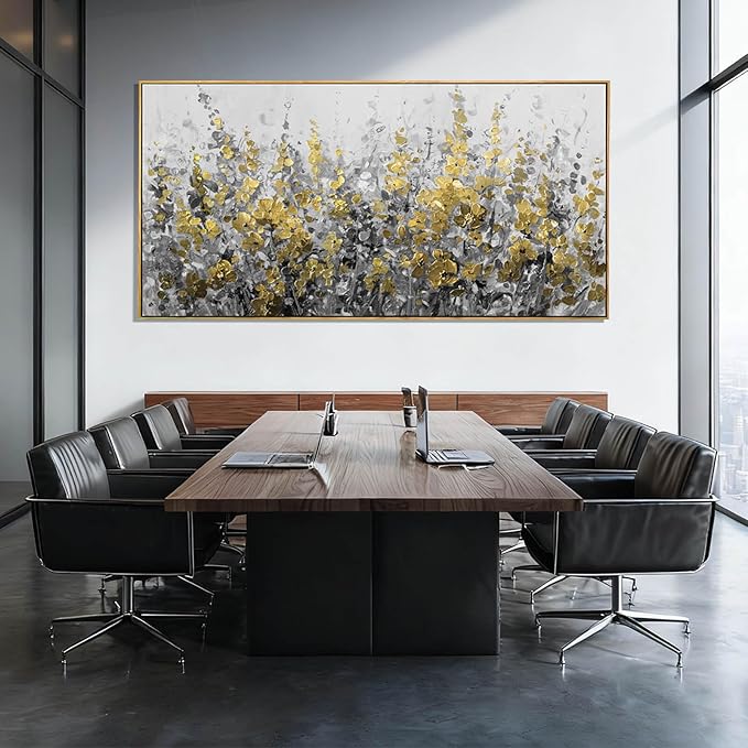 Framed Golden Floral Canvas Wall Art Large 29x58 Inch Grey and Gold Abstract Painting Textured Modern Flower Artwork for Above Couch Living Room Bedroom Home Decor