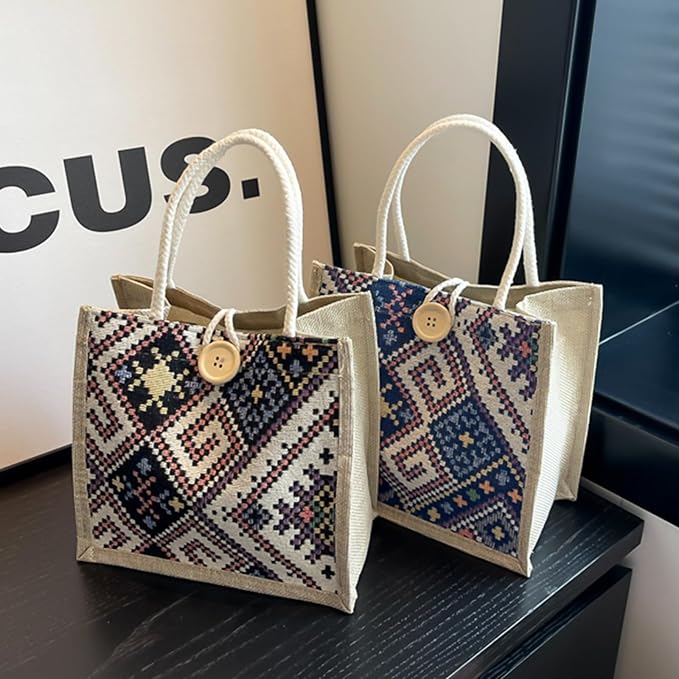 Women Tote Bag,2Pcs Jute Casual Tote's Handbag Embroidered Personalized Bento Bag,Reusable Grocery Bags Shopping Bags