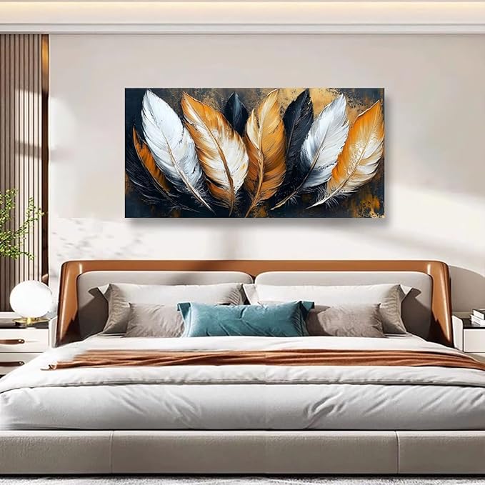 Abstraction Pictures Canvas Wall Art for Living room Office Bedroom Wall Decor,Feather Wall Art Print Paintings Modern Autumn White Yellow Feather Artwork Waterproof Ready to Hang-20x40inch