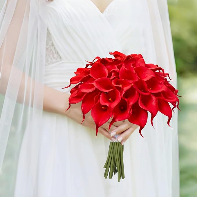 24 Pcs Red Artificial Calla Lily Flowers Fake Red Silk Flowers Real Touch for Wedding Bouquet Office Home Kitchen Decor