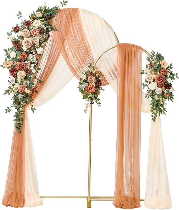 Ling's moment Wedding Arch Backdrop Stand with Flowers - 7.2FT, 6FT Set of 2 Metal Arch Frame with Drape for Ceremony Decor - Artificial Floral Birthday Party, Bridal Shower, Terracotta Orange
