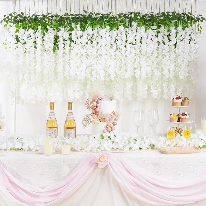 Yastouay 38 Pcs Wisteria Hanging Flowers, 3.77 Ft/Pcs Artificial Hanging Flowers, White Fake Wisteria for Wedding Party Ceremony Backdrop Home Decoration