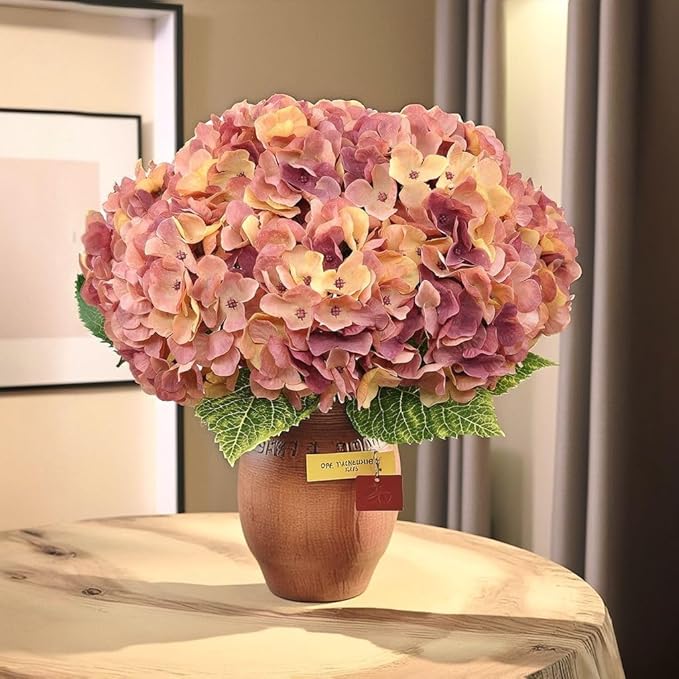 2Bouquets Artificial Fake Flowers Plants Silk Hydrangea Arrangements Wedding Bouquets Decorations Plastic Floral Home Kitchen Garden Party Festival Bar DIY(Champagne-Dusty Pink)