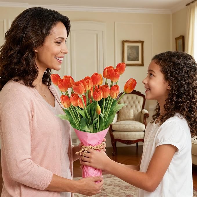 15Pcs Fake Tulips Artificial Flowers Real Touch Latex Bouquet Faux Tulips for Centerpiece Arrangements Wedding Party Home Décor (Orange)