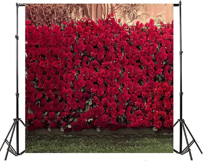AOFOTO 8x8ft Portrait Backdrops Photography Wedding Background Manor Romance Red Rose Flowers Wall Blurry Grassland Lovers Anniversary Decor Kid Girl Ladies Portrait Photo Shoot Studio Props Vinyl