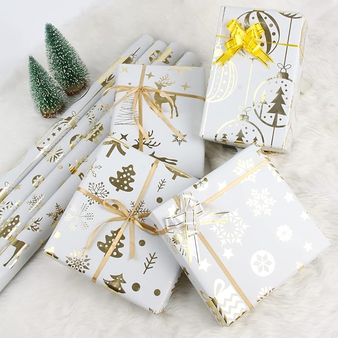 KIMOBER 4 Rolls Christmas Wrapping Paper,White Paper with Golden Metallic foil Shine Xmas Elements and Cut Lines on Reverse(30in × 144in Per Roll)