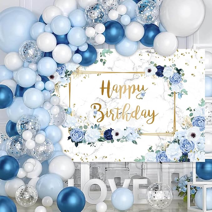 MEHOFOND 7x5ft Happy Birthday Backdrop Blue and White Flowers Bday Photography Background Girls Geometric Gold Glitter Dots Birthday Floral Party Decorations Cake Smash Decor Studio Photo Props