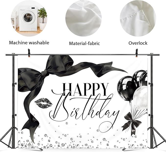 Black Bow Happy Birthday Banner Backdrop 7Wx5H Photography Girls Coquette Birthday Decorations Black White Bowknot Balloons Background Women Bachelorette Party Photo Booth Props Supplies