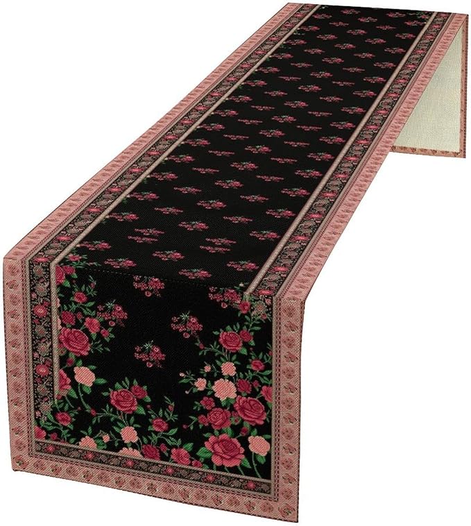 Romantic Rose Table Runner, Black Red Floral Blossoms Farmhouse Rustic Decor Table Runner for Kitchen Dining Home Party Wedding, 13x60 Inch