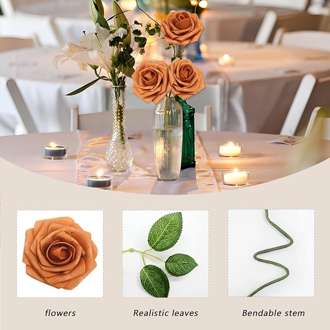 Artificial Flowers Roses Real Looking Foam Fake Roses with Leaves and for DIY Wedding Bouquets Bridal Shower Centerpieces Party Decorations (Gold Sparrow, 200)