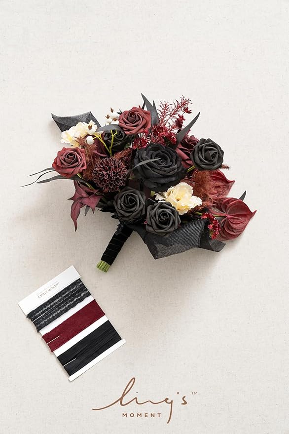 Ling's moment Black and Burgundy Wedding Bouquets for Bride, Gothic Bridal Bouquets for Bride, 13 Inch Free Form Artificial Wedding Flower Bouquet