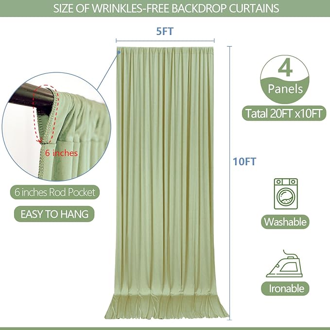 20x10ft Wrinkle Free Sage Green Backdrop Curtain for Parties Soft Fabric Drapes Wedding Curtain Backdrop for Birthday Party Decorations Background for Photography 5x10ft, 4 Panels