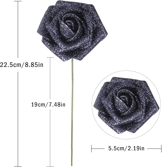 IPOPU Black Glitter Roses, 25pcs Foam Glitter Roses Glitter Flowers Foam Rose with Stem for DIY Wedding Bridal Bouquet Home Party Decoration(Black)