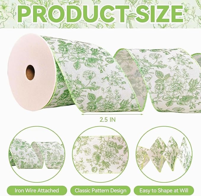 Green Floral Wired Ribbon 2.5 Inch Chinoiserie Vintage Flower Decorative Fabric White and Green Ribbon for Bow Wreath DIY Crafts, 15 Yards