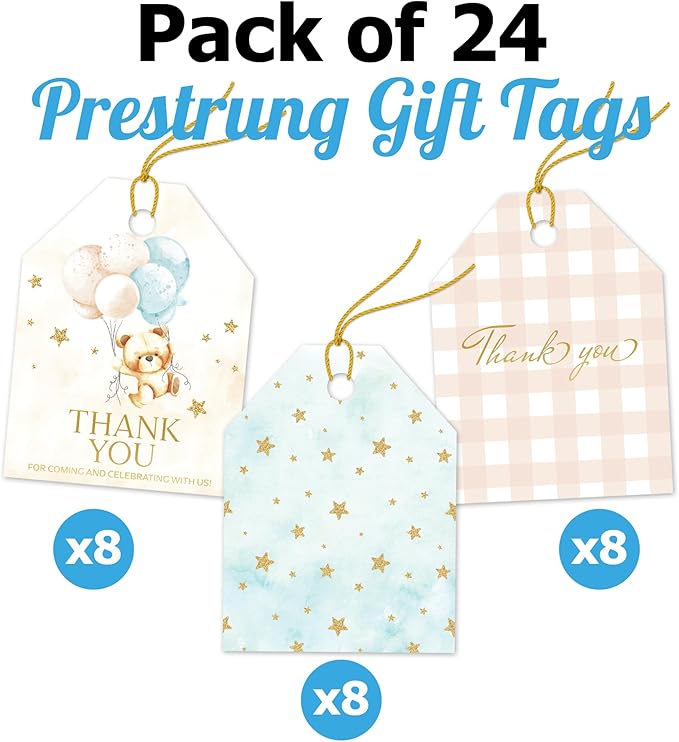 Pro Supply Global 24 Count of 2.5 Inch x 3 Inch Pre Strung Teddy Bears Gift Tag Assorted Printed Designs on Large Cardstock Gift Hang Tags - Ideal to Use on Bags