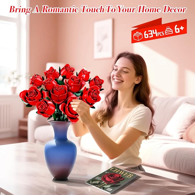 Flowers Bouquet Building Set, 12 Artificial Red Roses Botanical Collection Building Block Educational Toys Gift for Girls Kids Women Valentines Mothers Day Christmas Birthday Gift, 634 PCS