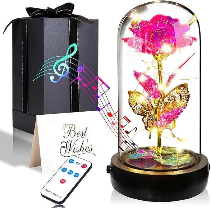 Birthday Rose Flower Gifts for Women, Glass Flower Gift for Mom from Daughter Son, Pink Light Up Rose in Glass Dome with Music Box for Her Wife Grandma